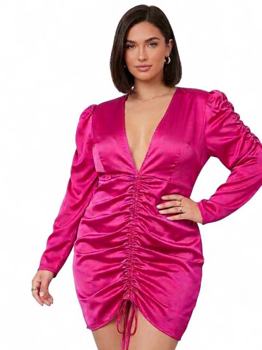 NWT PrettyLittleThing Fuchsia Plunge Ruched Dress